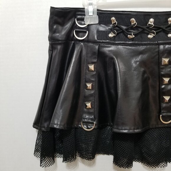 Living Dead Souls skirt XL micro mini goth studded pleather PVC fishnet stretch - Picture 3 of 14